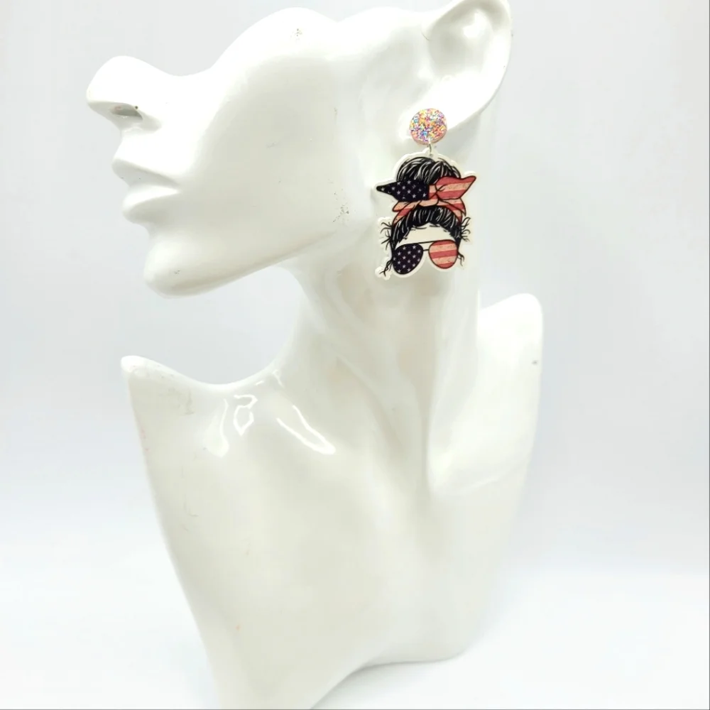 Patriotic Messy Bun Dangle Earrings - Picture 3 of 3